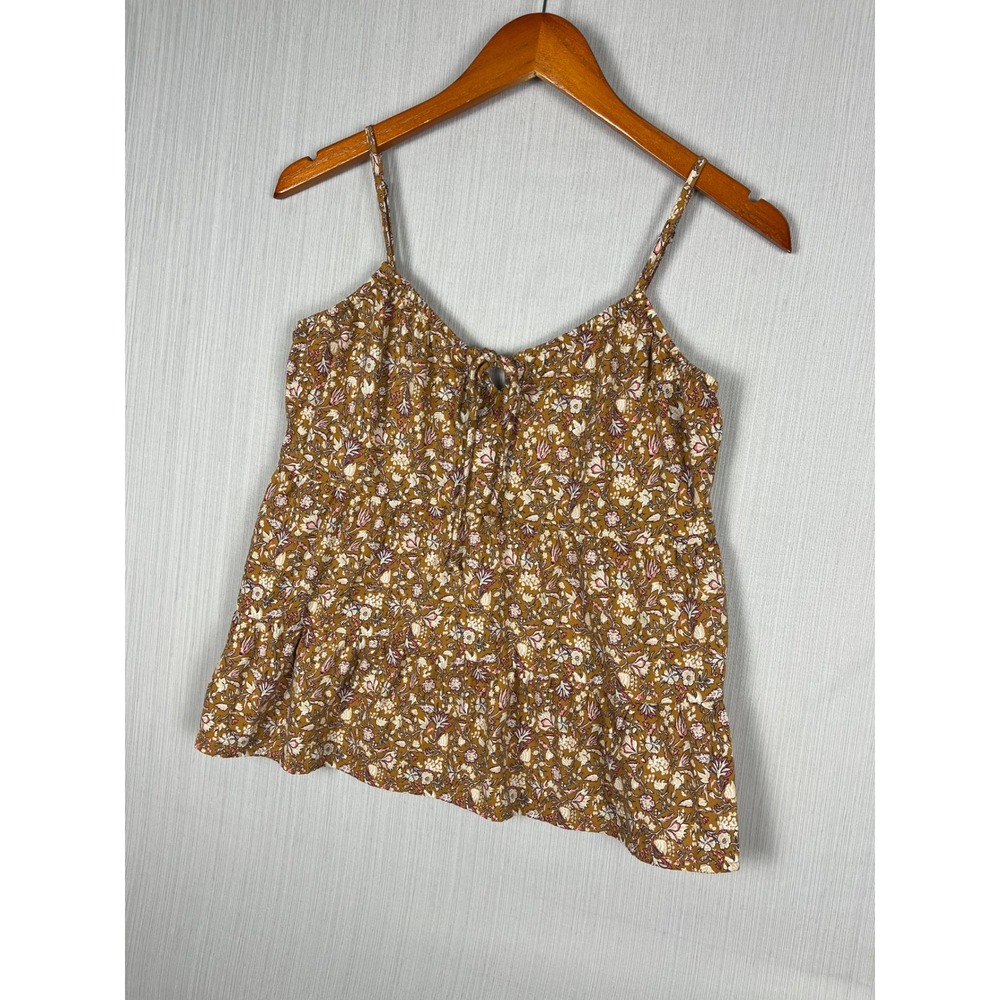 Boho Peplum Cami‎ Women XS Old Navy Brown Ditsy Floral Tie Neck Cottagecore